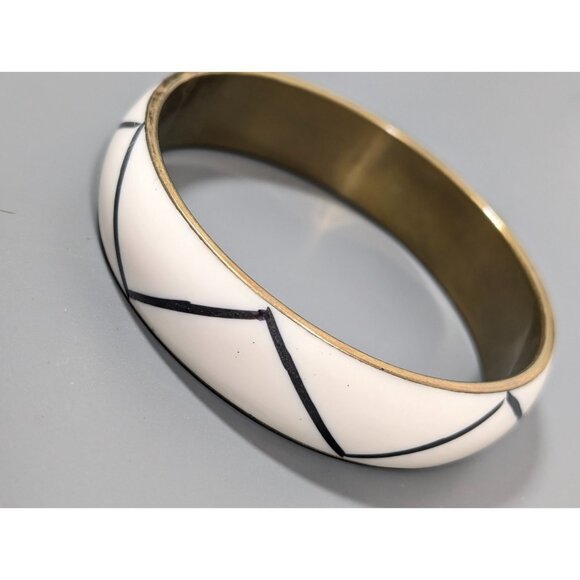 Vintage Brass Black White Zig Zag Inlay Bangle Bracelet Tribal Boho 8 in - Picture 11 of 11